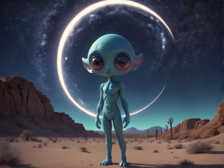 An alien with large red eyes stands in a desert under an enormous crescent moon against a starry backdrop, suggesting extraterrestrial presence or origin.の素材