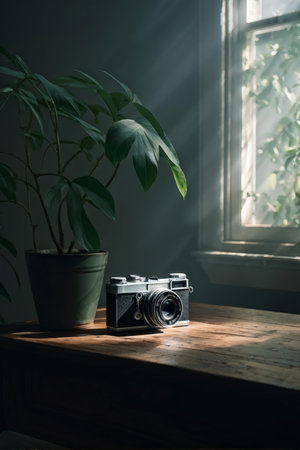 A classic camera with lens sits beside a potted plant near a window where sunlight beams through. The background is dark and blurred.の素材