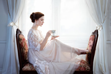 A woman with brown hair tied up in an elegant manner is sitting near curtains drinking tea from a cup held delicately between her fingers while wearing a white dress adorned with lの素材