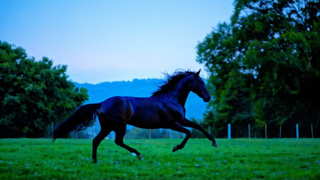 A dark horse gallops through a field with trees in the background during twilight or early evening hours.の素材