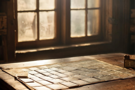 The photograph shows an old-fashioned setting with wooden planks placed in rows of six by five at what appears to be a workbench or table. A window is visible through which sun rayの素材