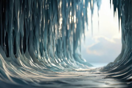 A surreal abstract with smooth flowing icy blue strands against a hazy light background.の素材