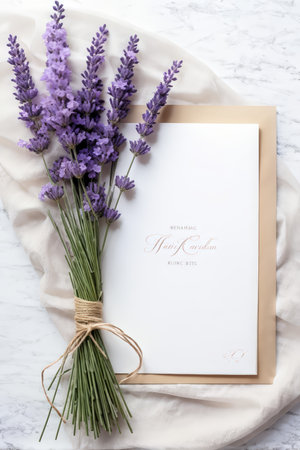 A bouquet of lavender flowers wrapped with twine rests beside an elegant greeting card inscribed "Happy Birthday" in fancy script against a white background.の素材