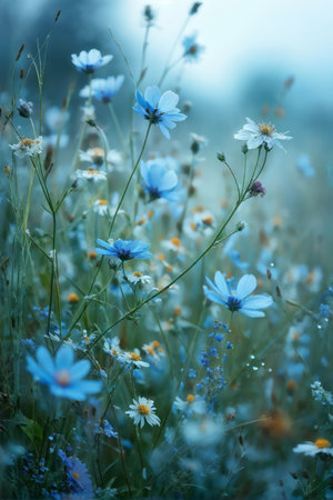 A tranquil meadow filled with delicate blue flowers like cosmos and daisies, captured in soft natural light during early morning or late evening hours.の素材
