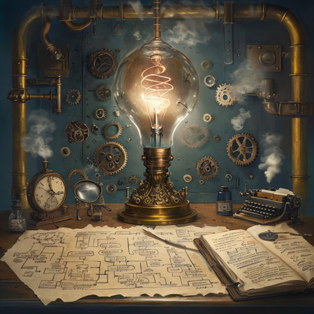 An ornate brass lamp with gears in background; papers are shown as well.の素材