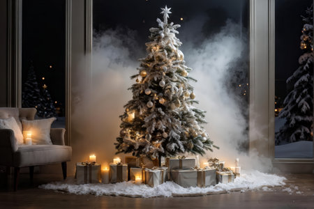 A festive scene with a decorated Christmas tree surrounded by candles, wrapped presents, and faux snow inside a room at night. The tree has white lights and ornaments, standing inの素材