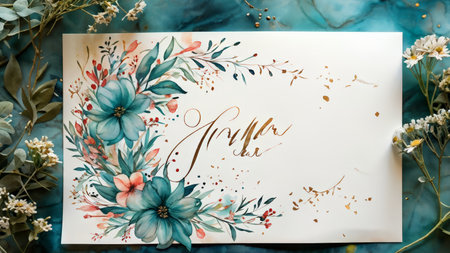 A watercolor card with floral decorations that includes gold accents is surrounded by real flowers on a marble background.の素材