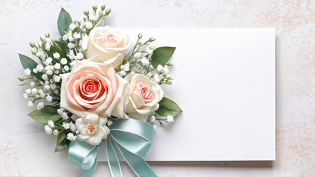 The picture displays an elegant floral arrangement with roses in shades of pink and peach alongside white baby's breath flowers and green leaves arranged beside blank paper for wriの素材