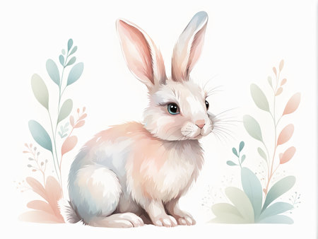 A digitally rendered illustration of a cute white rabbit sitting amidst pastel-colored leaves and flowers; its fur has shades of pink and orange, with large ears prominently displaの素材