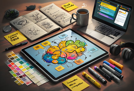 A workspace with a tablet displaying colorful mind maps alongside various tools such as pens, sticky notes, headphones, and coffee mug suggesting productivity tasks or brainstorminの素材