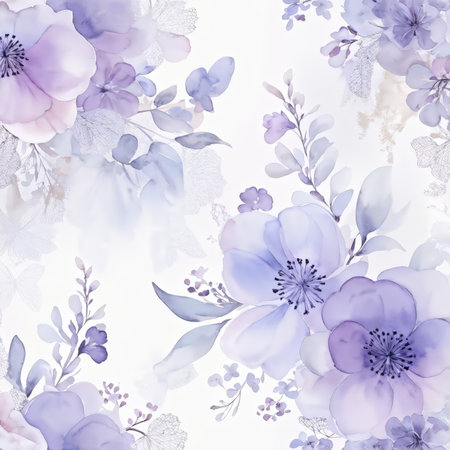 A digital illustration of large lavender flowers with purple centers, surrounded by smaller blossoms in shades of white, pink, and lilac against a light background.の素材