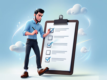 Cartoon of man in professional attire using clipboard with checklists against bright background.の素材