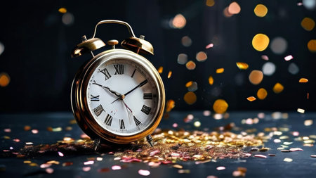 A golden analog alarm clock showing ten minutes past midnight is lying on its side with confetti flying around it against a dark background in this still-life photograph. The timeの素材