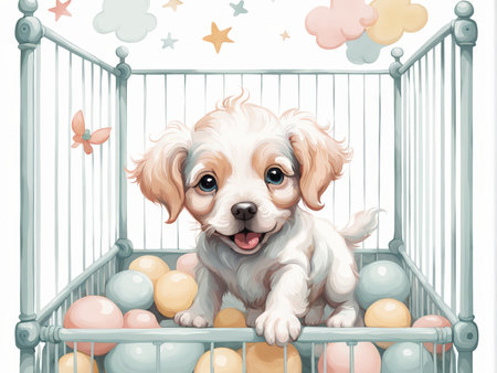 An illustration of an adorable young dog with light brown fur in a pen filled with colorful balls, set against a background adorned with whimsical clouds, stars, flowers, and butteの素材