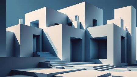 Abstract composition of geometric shapes in shades of blue with varying light tones against a dark background.の素材