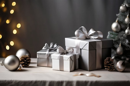 A festive scene with silver-wrapped gift boxes in varying sizes adorned by bows, decorative pine cones, Christmas lights, and ornaments surrounding an out-of-focus lit up tree creaの素材