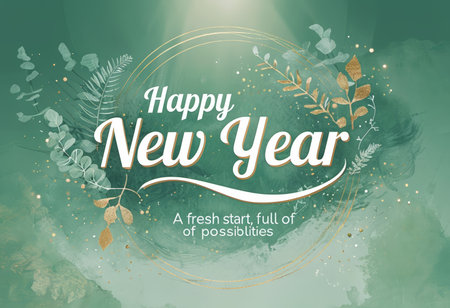 Green background with golden leaves and sparkles for New Year's greeting.の素材