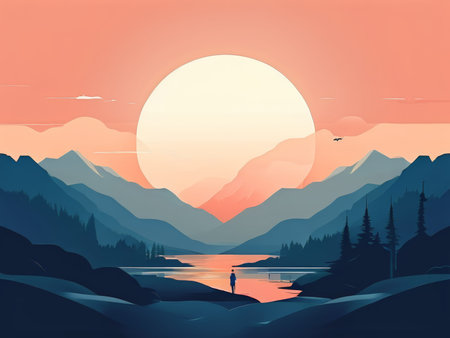 A person is standing in front of mountains with a large sun setting behind them. The sky has shades of pink transitioning into blue as nightfall approaches.の素材