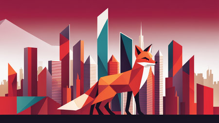A geometrically designed fox standing in front of stylized skyscrapers under a red sky with white clouds.の素材