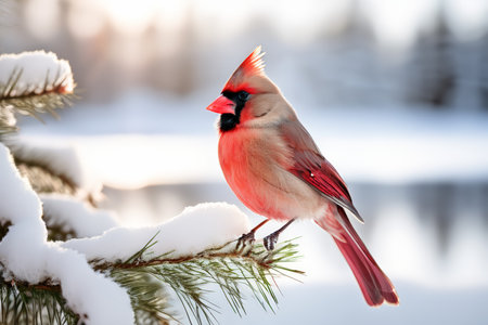 A red male northern cardinal with its crest raised sits perched on snow-covered pine needles in winter forest scenery.の素材