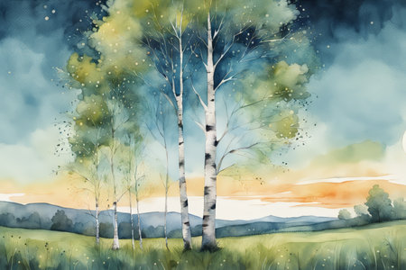 A watercolor painting depicting trees at twilight with greenery in the foreground.の素材