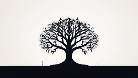 The illustration depicts a silhouetted tree against a plain background with two small objects at its base, suggesting it may be digital art or graphic design work for themes such aの素材
