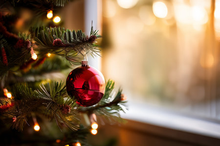 A close-up of a red Christmas ornament hanging from a green tree branch with lit lights in warm-toned background suggesting daytime holiday setting indoors.の素材