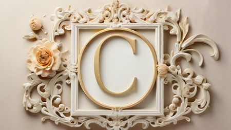 A decorative wall frame with an ornate design features a gold letter 'C', surrounded by off-white floral elements against a light backdrop.の素材