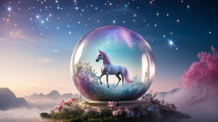A fantasy scene featuring a unicorn in a magical bubble surrounded by pink flowers and misty mountains under a starry sky with hues of blue and purple.の素材