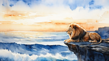 A watercolor painting depicting a lion resting by the ocean during sunset with vibrant colors.の素材