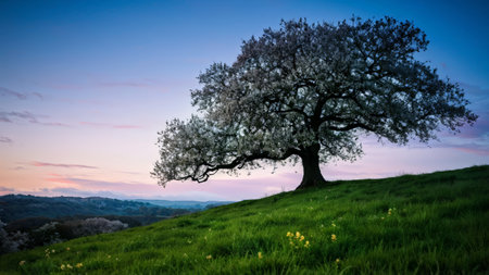 A solitary tree with white blossoms stands atop a grassy hill during twilight; distant hillsides are faintly visible in hues of blue and pink.の素材