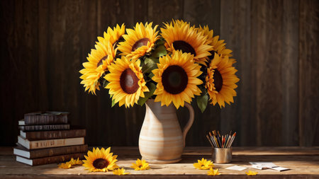 A bouquet of sunflowers in a vase accompanied by art supplies is displayed against a wooden backdrop with books scattered around it.の素材