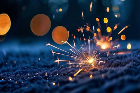 Blue-toned photo of glowing sparklers with blurry orange circles in background at night.の素材