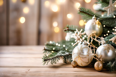 A close-up photo showing an out-of-focus Christmas tree adorned with silver ornaments and twinkling lights placed against a wooden surface. The background is softly blurred, creatiの素材