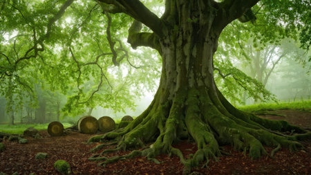 A verdant forest scene features large trees with green leaves partially covered by moss. In front of one tree rests what appear to be ancient stone circles inscribed with runes orの素材