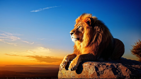 A male lion sits atop a rock with its paw extended while observing the horizon during sunset or sunrise in an arid landscape.の素材