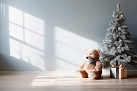 A brown teddy bear sits beside wrapped gifts in front of a potted tree with white lights near a window casting shadows into an empty room.の素材