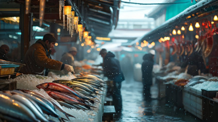 Fish market with workers handling fish on ice under icicles; out of focus background suggests cold environment.の素材
