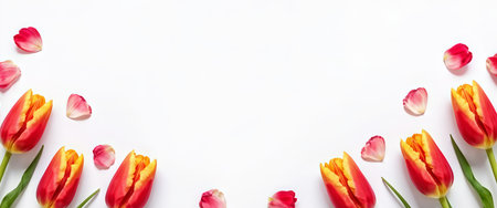 Three red-yellow tulips with their petals scattered around them are displayed against a white backdrop in an elegant still-life composition. The vibrant colors of the flowers contrの素材