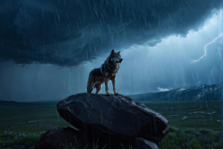 The wolf is sitting atop a large rock in an outdoor environment with stormy weather conditions including lightning and heavy rain against the backdrop of mountains and grassland.の素材