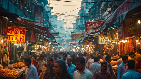 A busy market with people shopping under various stalls selling fruits, vegetables, flowers, clothes, etc., during dusk or early evening hours. Colorful lights illuminate the area,の素材