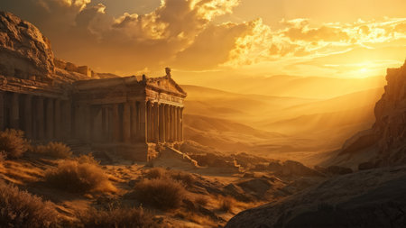 A sunset over an ancient temple with mountains in the background, featuring warm colors of orange, yellow, brown, and gray.の素材