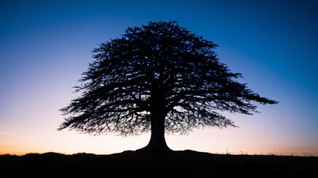 Silhouette of a tree at sunset in the field, Englandの素材