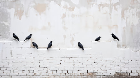 Seven black birds perch atop an old white brick wall with paint peeling off in patches, creating a stark contrast between nature's elegance and man-made decay.の素材