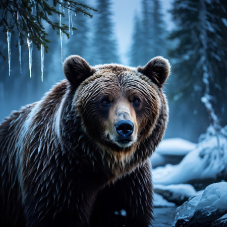 A brown bear with wet fur stands in front of trees covered with snow and icicles hanging from branches. The background is blurred, emphasizing the animal's face.の素材
