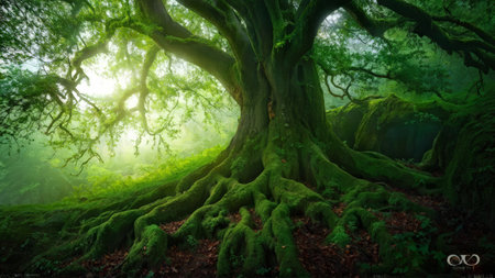 A large moss-covered tree in a forest with sunlight filtering through foliage.の素材