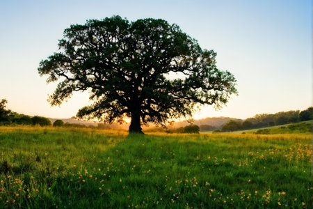 A large tree with an expansive canopy is silhouetted against a sky transitioning from warm sunset hues near the horizon to soft blue above in a rural landscape featuring green fielの素材