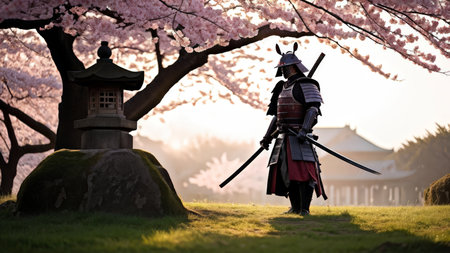 A samurai in traditional armor stands beside cherry blossoms during sunset with a pagoda-style lantern behind him. The scene depicts historical Japanese architecture amid nature'sの素材