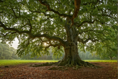 A large tree with expansive branches in an open field during early morning light.の素材