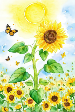 A watercolor painting featuring sunflowers in various stages of bloom, green leaves, butterflies fluttering around them, with a bright yellow sun shining overhead against a cloudyの素材